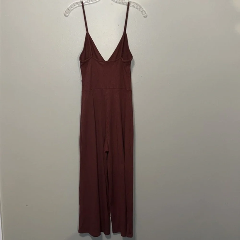 Forever 21 Jumpsuit Loose Wide Legs Ribbed Tank Top V Neck Brown Small
